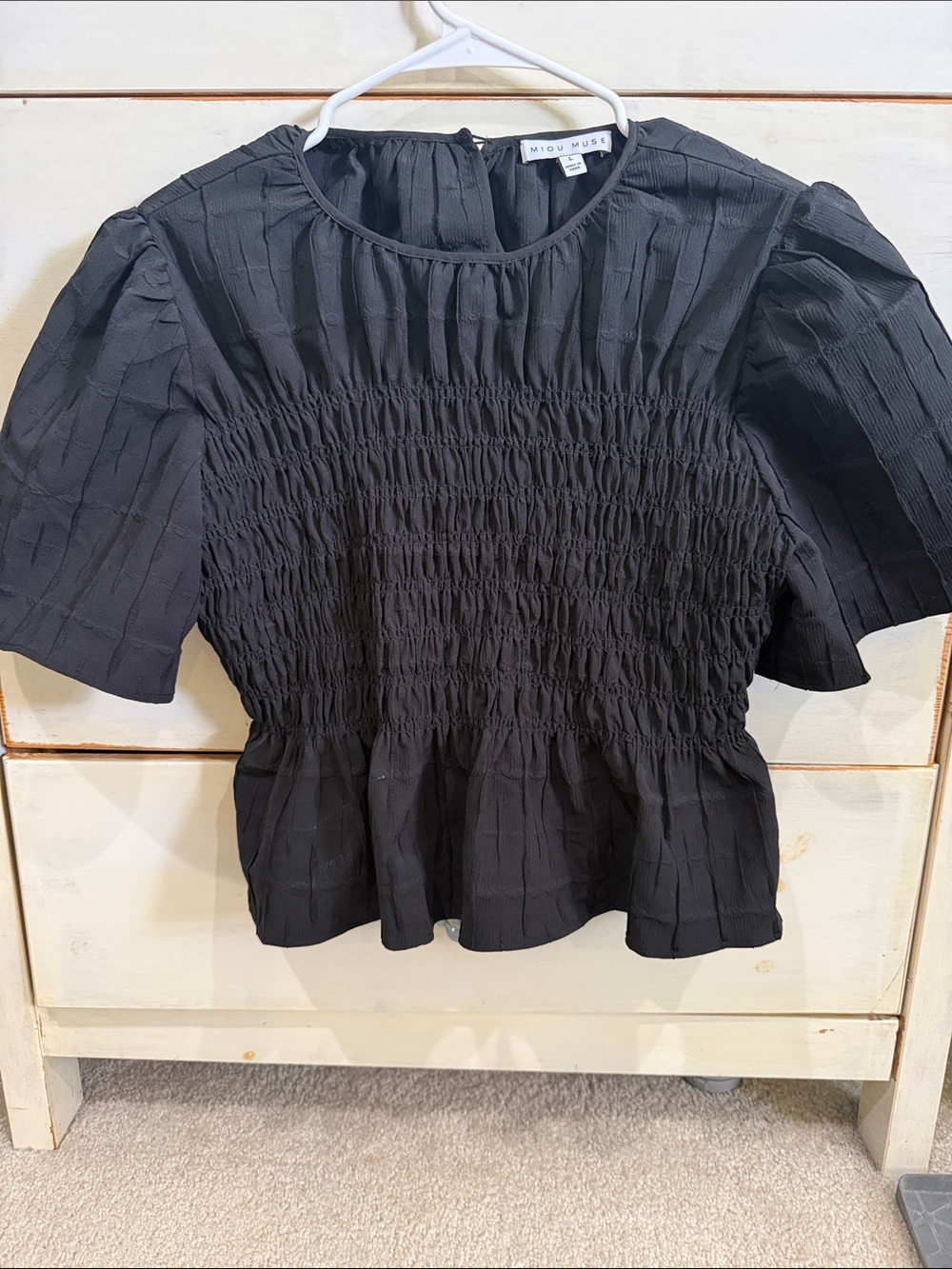 Miou Muse Black Smocked Short Sleeve Blouse